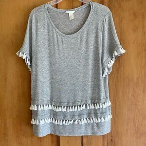Light Heather Gray, short sleeve top with fringe